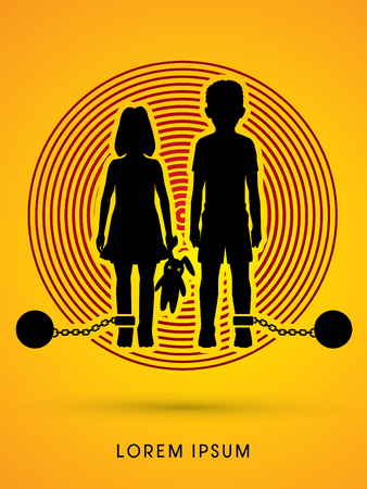 Stop Child abuse ,Children with chain and ball designed on light circle background graphic vector.のイラスト素材
