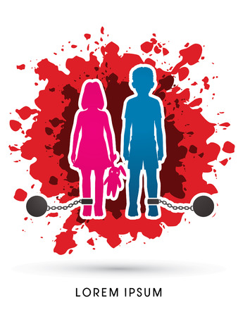 Stop Child abuse ,Children with chain and ball designed on grunge splash blood background graphic vector.のイラスト素材