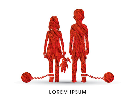 Stop Child abuse ,Children with chain and ball designed using colorful pixels graphic vector.のイラスト素材