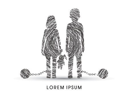 Stop Child abuse ,Children with chain and ball designed using confuse line graphic vector.のイラスト素材