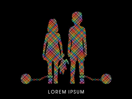 Stop Child abuse ,Children with chain and ball designed using colorful pixels graphic vector.のイラスト素材