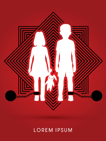 Stop Child abuse ,Children with chain and ball designed on line square background graphic vector.のイラスト素材