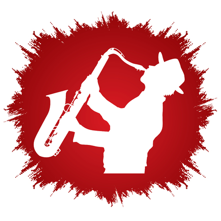 Man playing saxophone, designed on grunge frame background graphic .のイラスト素材