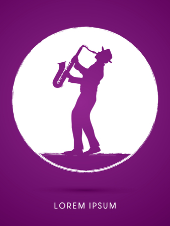Man playing saxophone, designed on grunge circle background graphic .のイラスト素材