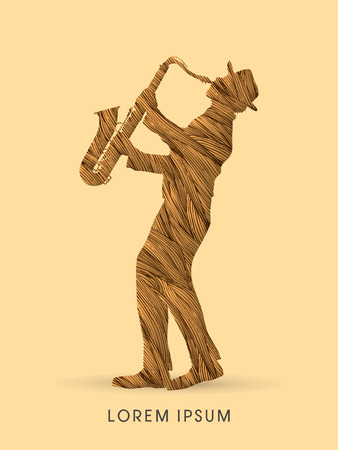 Man playing saxophone, designed using golden grunge brush graphic .のイラスト素材