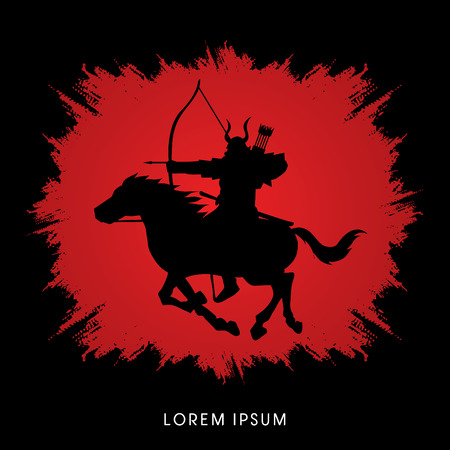 Samurai Warrior with bow, Riding horse, designed on grunge frame background graphic vector.のイラスト素材