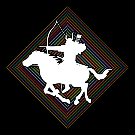 Samurai Warrior with bow, Riding horse, designed on line colorful square background graphic vector.のイラスト素材