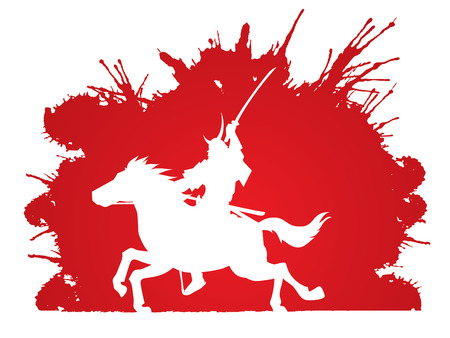 Samurai Warrior with Sword, Riding horse, designed on splash blood background graphic vector.のイラスト素材