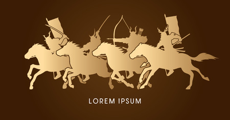 Samurai Warriors Riding Horses, designed using gold color graphic vector.のイラスト素材