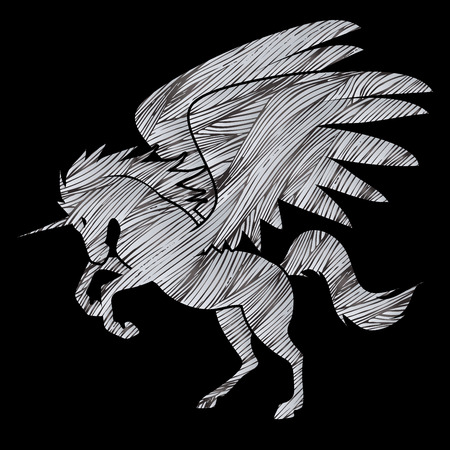 Fly Unicorn silhouette designed using grunge silver brush graphic vector.のイラスト素材