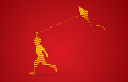 Little boy running with kite designed using geometric pattern graphic vector.のイラスト素材