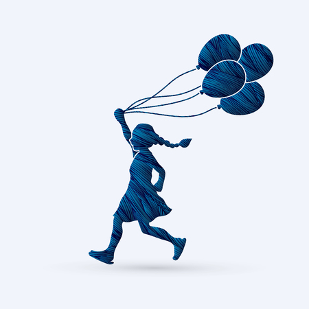 Little girl running with balloons designed using blue grunge brush graphic vector.のイラスト素材