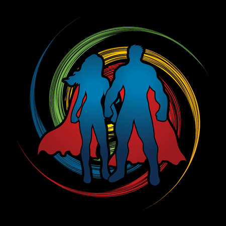 Superhero Man and Woman standing on spin wheel background graphic vector.のイラスト素材