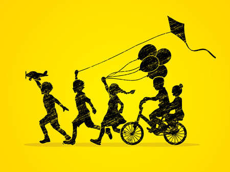 Children running, Friendship designed using grunge brush graphicのイラスト素材