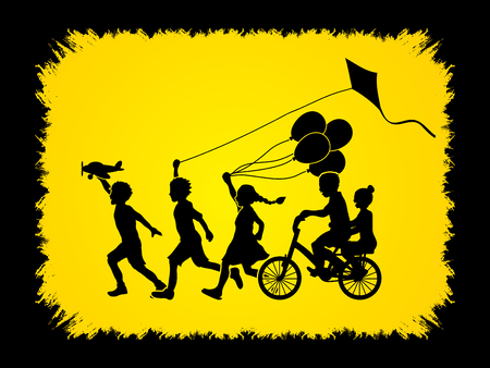 Children running, Friendship on grunge frame background graphicのイラスト素材