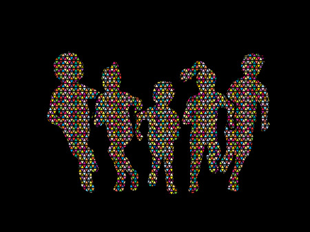 Group of children running, Front view designed using colorful mosaic pattern graphic vector.のイラスト素材