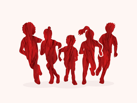 Group of children running, Front view designed using red grunge brush graphic vector.のイラスト素材