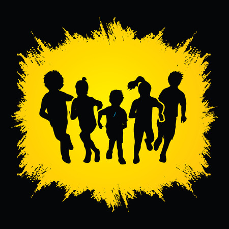 Group of children running , Front view designed on grunge frame background graphic vector.のイラスト素材