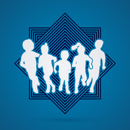 Group of children running , Front view designed on line square background graphic vector.のイラスト素材