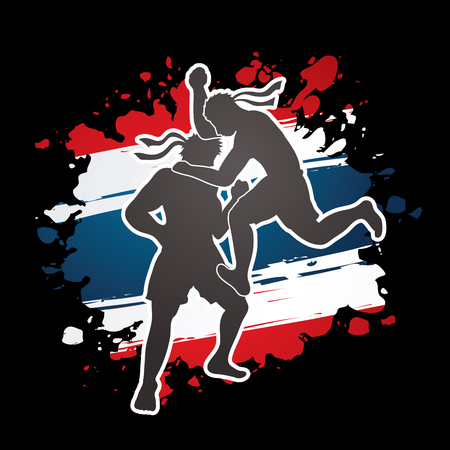Muay Thai, Thai Boxing, action designed on grunge Thailand Flag background graphic vectorのイラスト素材