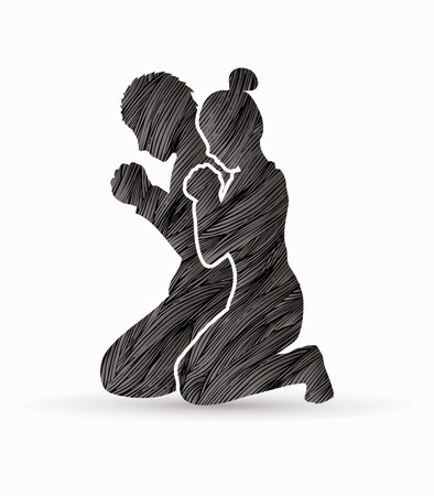 Man and Woman pray together designed using black grunge brush graphic vectorのイラスト素材