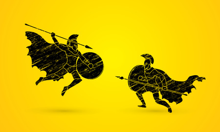 Spartan warrior fighting with a spear designed using grunge brush graphic vector.のイラスト素材