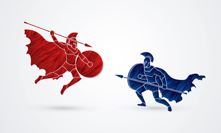 Spartan warrior fighting with a spear designed using red and blue grunge brush graphic vector.のイラスト素材
