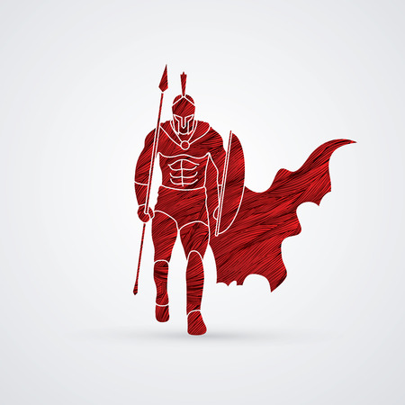 Spartan warrior walking with a spear designed using red grunge brush graphic vector.のイラスト素材