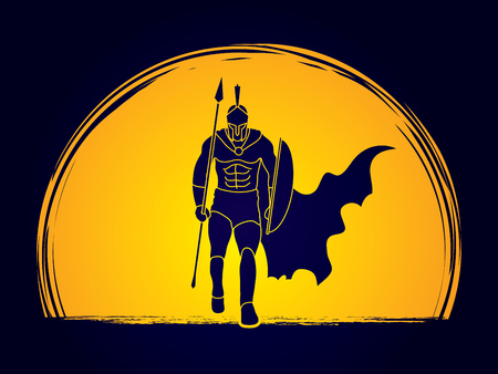 Spartan warrior walking with a spear designed on moonlight background graphic vector.のイラスト素材
