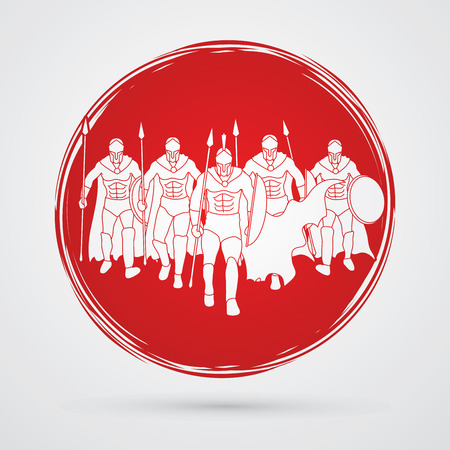 Group of Spartan warrior walking with a spear designed on grunge cycle background graphic vector.のイラスト素材