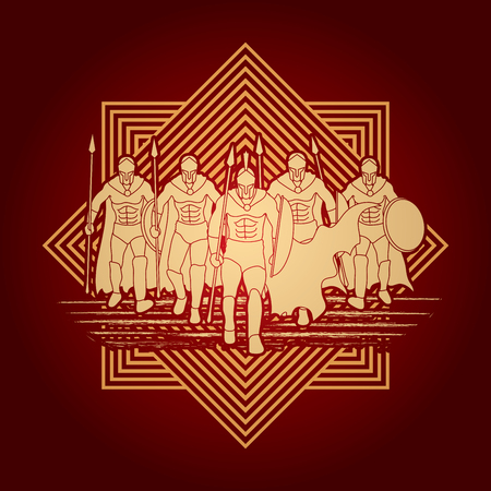Group of Spartan warrior walking with a spear designed on line square background graphic vector.のイラスト素材