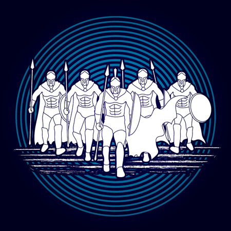 Group of Spartan warrior walking with a spear designed on line circle background graphic vector.のイラスト素材