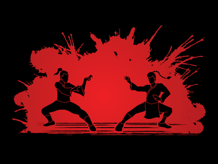 Kung Fu action ready to fight designed on splatter blood background graphic vector.のイラスト素材