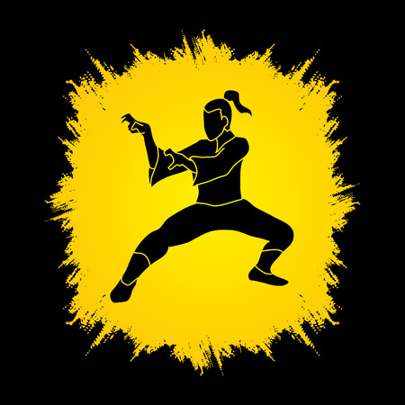 Kung fu action designed on grunge frame background graphic vector.のイラスト素材