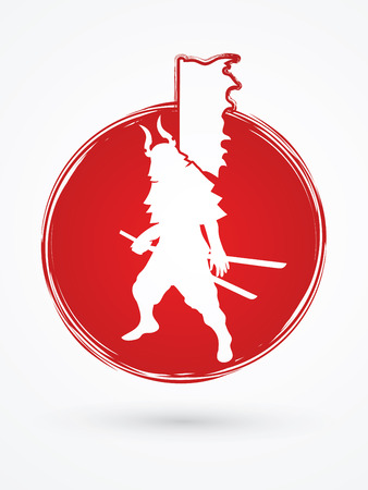 Samurai standing ready to fight designed on grunge circle background graphic vector.のイラスト素材