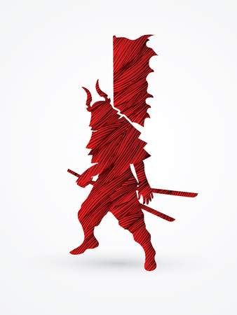 Samurai standing ready to fight designed using red grunge brush graphic vector.のイラスト素材
