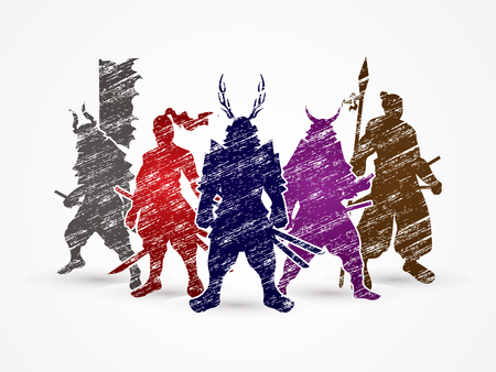 Samurai Warrior pose designed using colorful grunge brush graphic vector.のイラスト素材