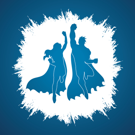 Superhero Man and Woman jumping designed on grunge frame background graphic vector.のイラスト素材