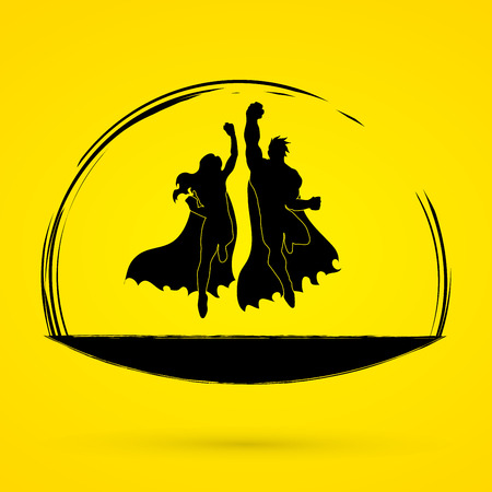 Superhero Man and Woman jumping graphic vector.のイラスト素材