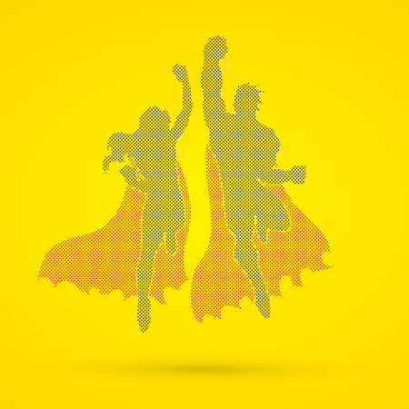 Superhero Man and Woman jumping designed using dots pixels graphic vector.のイラスト素材