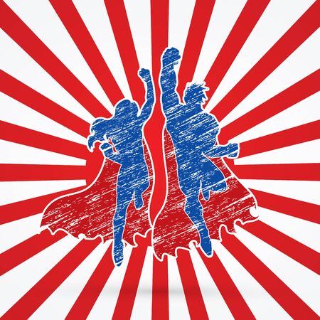 Superhero Man and Woman jumping designed on sunshine background graphic vector.のイラスト素材