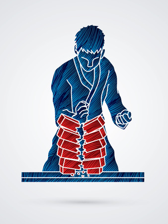 Karate man breaking bricks designed using red and blue grunge brush graphic vector.のイラスト素材