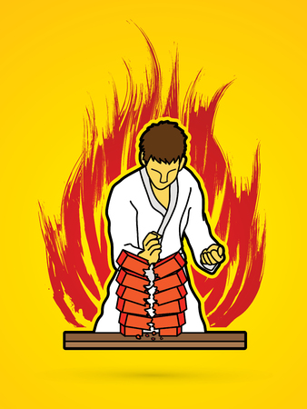 Karate man breaking bricks on fire burning background graphic vector.のイラスト素材