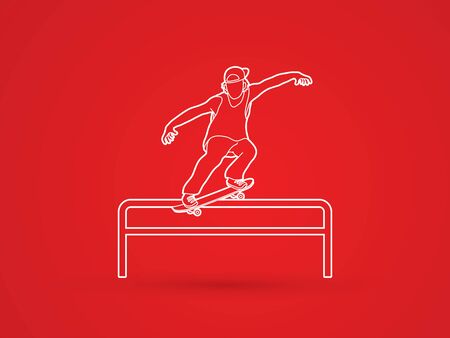 Skateboarder doing a grind on rail outline graphic vectorのイラスト素材