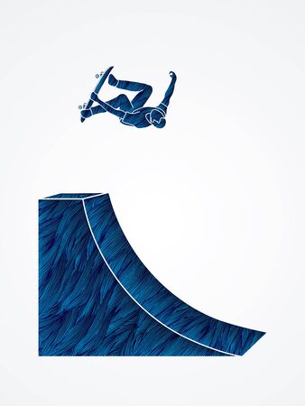 Skateboarder high jumping designed using blue grunge brush graphic vector.のイラスト素材