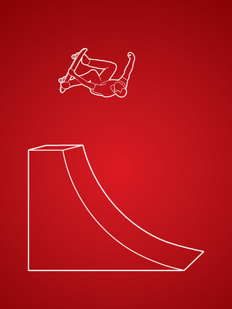 Skateboarder high jumping outline graphic vector.のイラスト素材