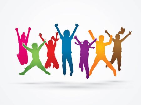 Group of children jumping , Front view designed using rainbows colors graphic vector.のイラスト素材