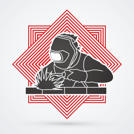 Welder working welding designed on line square background graphic vectorのイラスト素材