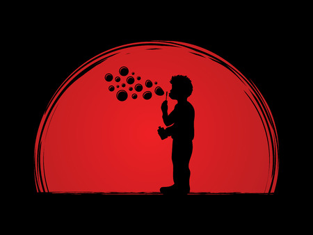 A little boy blowing soap bubbles designed on sunset background graphic vector.のイラスト素材