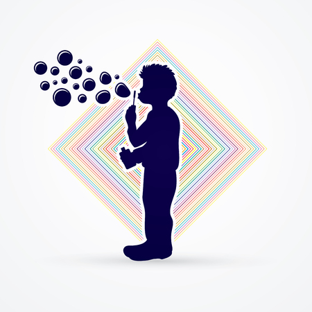 A little boy blowing soap bubbles designed on colorful line square graphic vector.のイラスト素材
